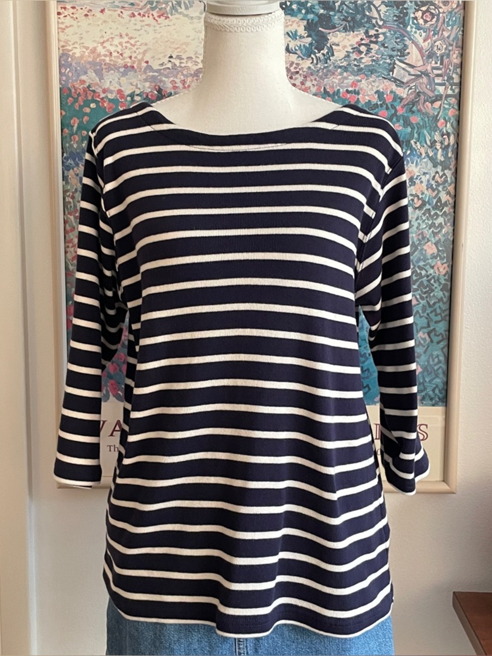 L.L.Bean Navy Striped Top Size Large 100% Cotton Preppy Coastal Nautical